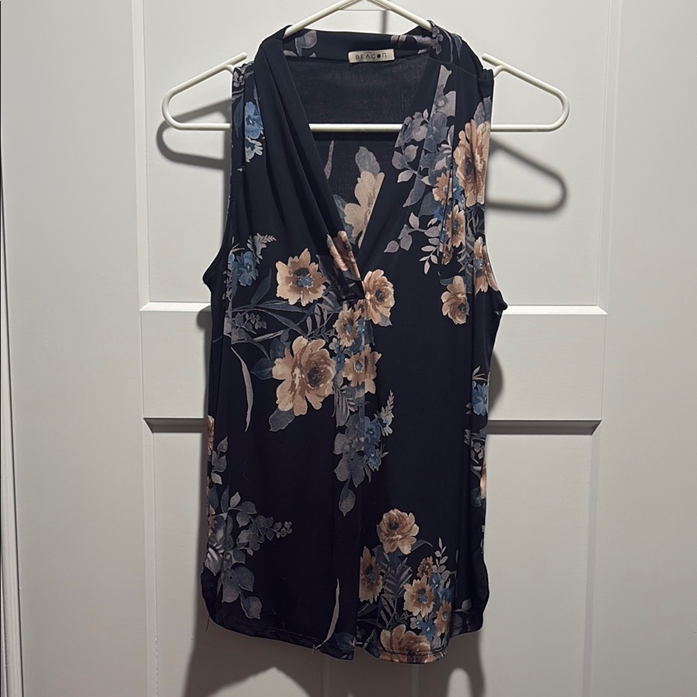 Beacon Black Sleeveless Floral Wrap-Style Camisole with Beige & Blue Blooms